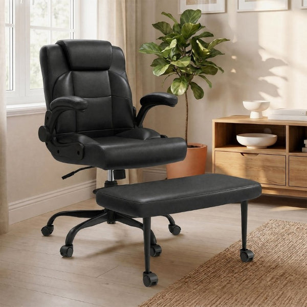 English Elm Cross Legged Office Chair Wide Open Seat Flip Armrests Rotating Footrest Swivel Black W1521P549685