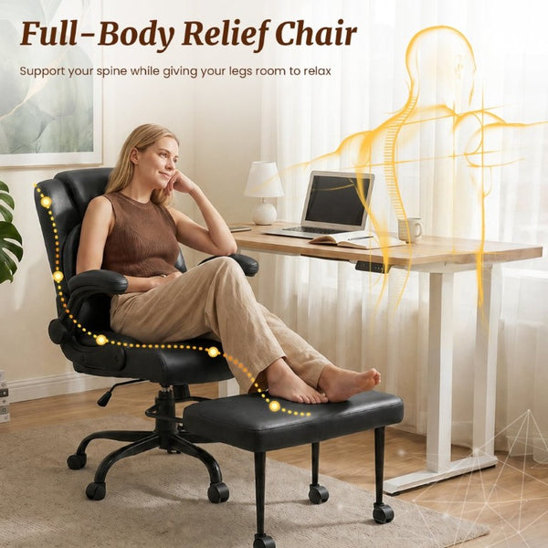 English Elm Cross Legged Office Chair Wide Open Seat Flip Armrests Rotating Footrest Swivel Black W1521P549685