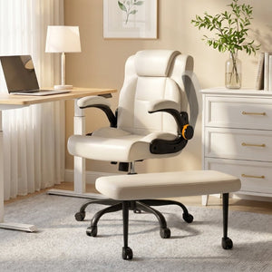 English Elm Cross Legged Office Chair Wide Open Seat Flip Armrests Rotating Footrest Swivel Beige W1521P549687