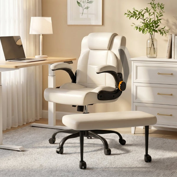 English Elm Cross Legged Office Chair Wide Open Seat Flip Armrests Rotating Footrest Swivel Beige W1521P549687