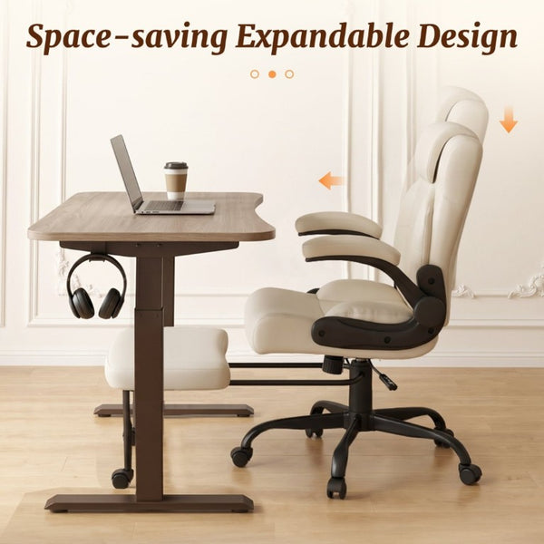 English Elm Cross Legged Office Chair Wide Open Seat Flip Armrests Rotating Footrest Swivel Beige W1521P549687
