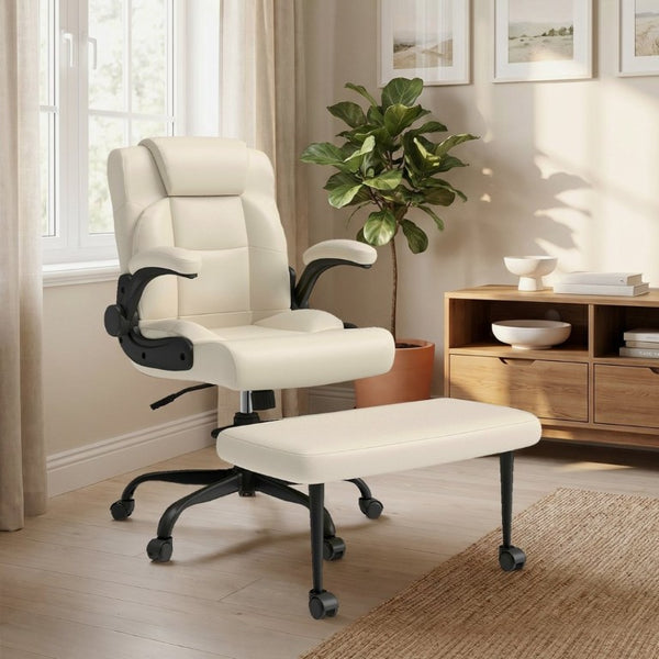 English Elm Cross Legged Office Chair Wide Open Seat Flip Armrests Rotating Footrest Swivel Beige W1521P549687