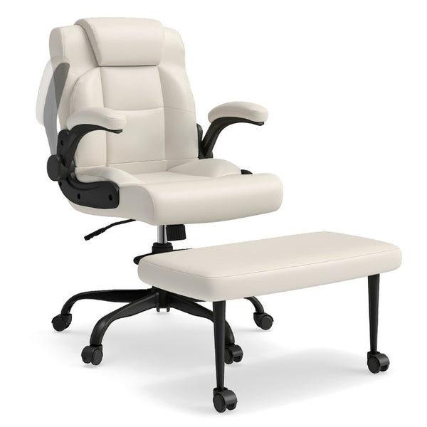 English Elm Cross Legged Office Chair Wide Open Seat Flip Armrests Rotating Footrest Swivel Beige W1521P549687