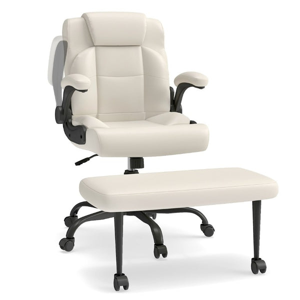 English Elm Cross Legged Office Chair Wide Open Seat Flip Armrests Rotating Footrest Swivel Beige W1521P549687