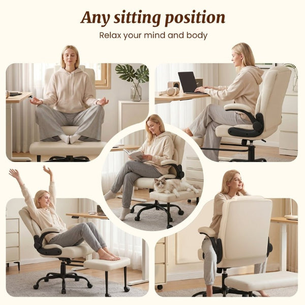English Elm Cross Legged Office Chair Wide Open Seat Flip Armrests Rotating Footrest Swivel Beige W1521P549687