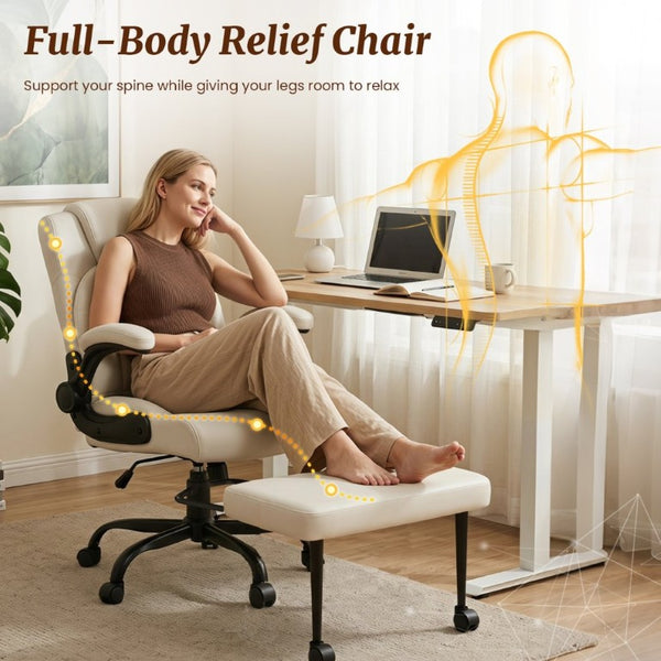 English Elm Cross Legged Office Chair Wide Open Seat Flip Armrests Rotating Footrest Swivel Beige W1521P549687
