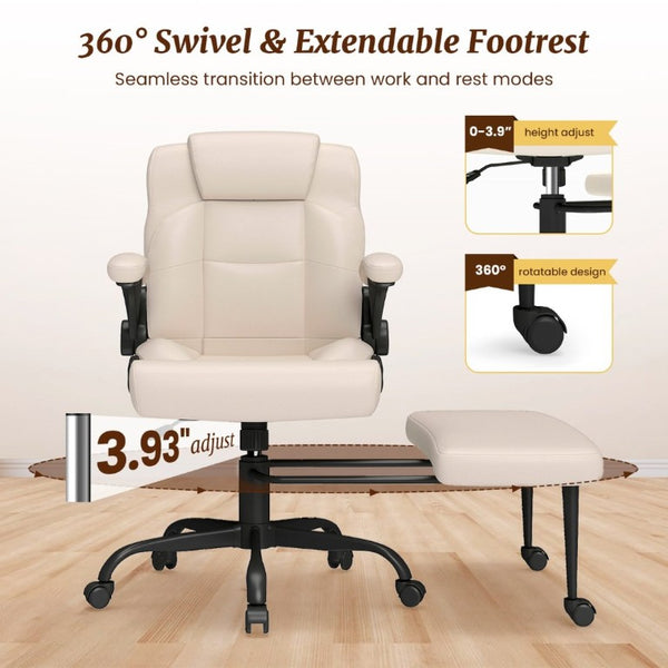 English Elm Cross Legged Office Chair Wide Open Seat Flip Armrests Rotating Footrest Swivel Beige W1521P549687