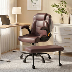 English Elm Cross Legged Office Chair Wide Open Seat Flip Armrests Rotating Footrest Swivel Dark Brown W1521P549688