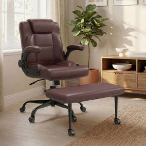 English Elm Cross Legged Office Chair Wide Open Seat Flip Armrests Rotating Footrest Swivel Dark Brown W1521P549688