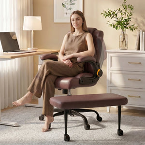 English Elm Cross Legged Office Chair Wide Open Seat Flip Armrests Rotating Footrest Swivel Dark Brown W1521P549688