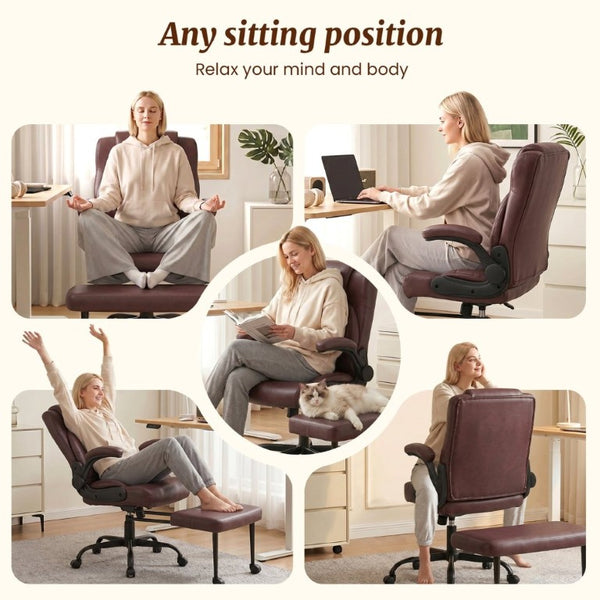 English Elm Cross Legged Office Chair Wide Open Seat Flip Armrests Rotating Footrest Swivel Dark Brown W1521P549688