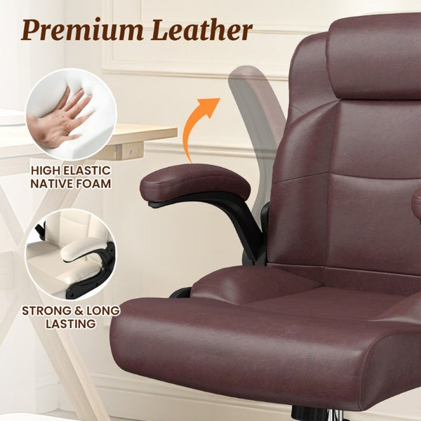 English Elm Cross Legged Office Chair Wide Open Seat Flip Armrests Rotating Footrest Swivel Dark Brown W1521P549688