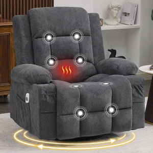 English Elm 360° Swivel Rocker Recliner with Massage Heat USB Port and Cup Holders for Any Room W1521P555081