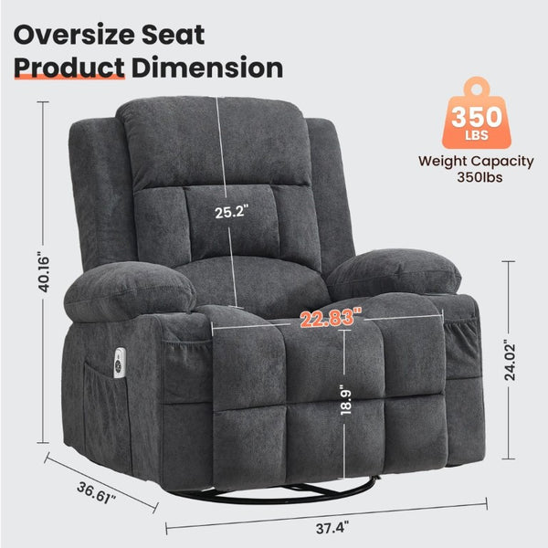English Elm 360° Swivel Rocker Recliner with Massage Heat USB Port and Cup Holders for Any Room W1521P555081