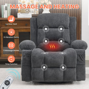 English Elm 360° Swivel Rocker Recliner with Massage Heat USB Port and Cup Holders for Any Room W1521P555081