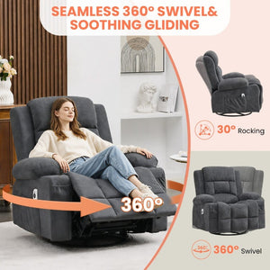 English Elm 360° Swivel Rocker Recliner with Massage Heat USB Port and Cup Holders for Any Room W1521P555081