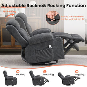 English Elm 360° Swivel Rocker Recliner with Massage Heat USB Port and Cup Holders for Any Room W1521P555081
