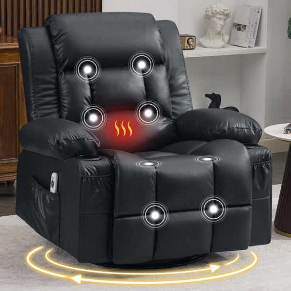English Elm 360° Swivel Rocker Recliner PU Leather Nursery Glider with Massage Heat and USB Port Black W1521P555203