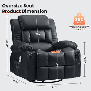 English Elm 360° Swivel Rocker Recliner PU Leather Nursery Glider with Massage Heat and USB Port Black W1521P555203