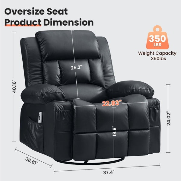 English Elm 360° Swivel Rocker Recliner PU Leather Nursery Glider with Massage Heat and USB Port Black W1521P555203