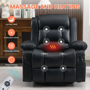 English Elm 360° Swivel Rocker Recliner PU Leather Nursery Glider with Massage Heat and USB Port Black W1521P555203