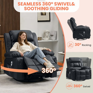 English Elm 360° Swivel Rocker Recliner PU Leather Nursery Glider with Massage Heat and USB Port Black W1521P555203