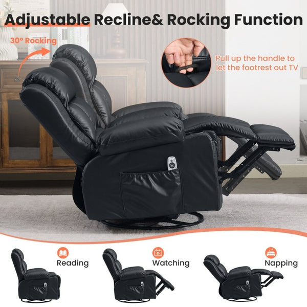 English Elm 360° Swivel Rocker Recliner PU Leather Nursery Glider with Massage Heat and USB Port Black W1521P555203