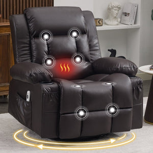 English Elm 360° Swivel Rocker Recliner PU Leather Nursery Glider with Massage Heat and USB Port Brown W1521P555207