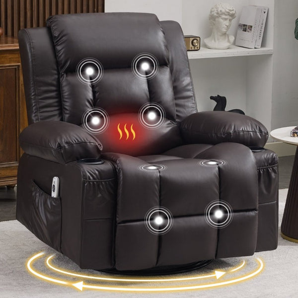 English Elm 360° Swivel Rocker Recliner PU Leather Nursery Glider with Massage Heat and USB Port Brown W1521P555207