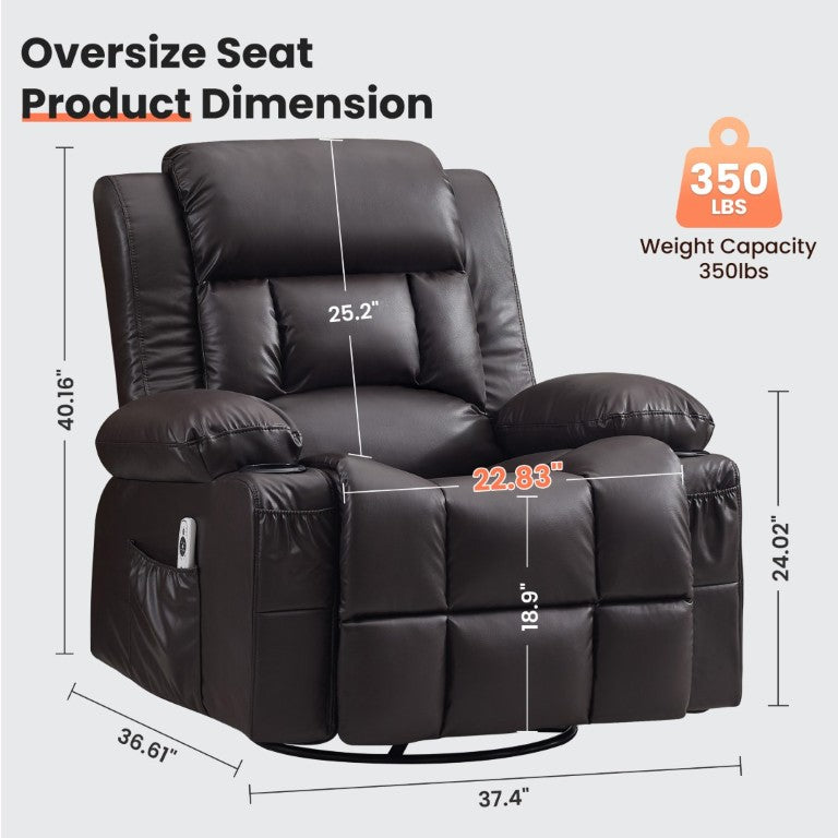 English Elm 360° Swivel Rocker Recliner PU Leather Nursery Glider with Massage Heat and USB Port Brown W1521P555207