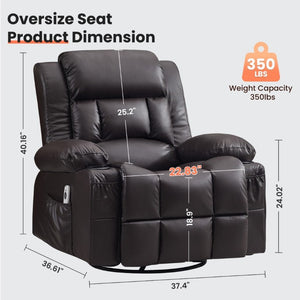 English Elm 360° Swivel Rocker Recliner PU Leather Nursery Glider with Massage Heat and USB Port Brown W1521P555207