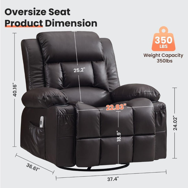 English Elm 360° Swivel Rocker Recliner PU Leather Nursery Glider with Massage Heat and USB Port Brown W1521P555207