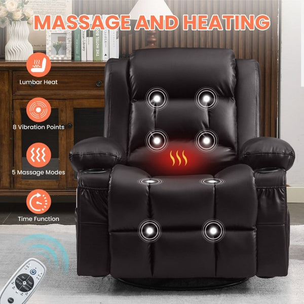 English Elm 360° Swivel Rocker Recliner PU Leather Nursery Glider with Massage Heat and USB Port Brown W1521P555207