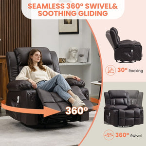 English Elm 360° Swivel Rocker Recliner PU Leather Nursery Glider with Massage Heat and USB Port Brown W1521P555207