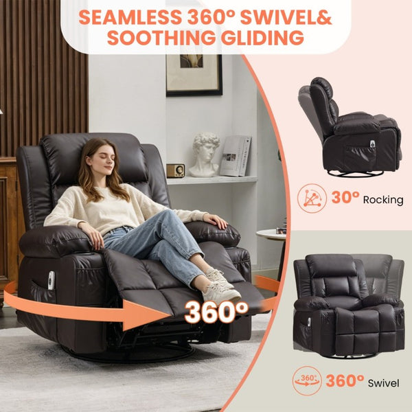 English Elm 360° Swivel Rocker Recliner PU Leather Nursery Glider with Massage Heat and USB Port Brown W1521P555207
