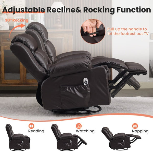 English Elm 360° Swivel Rocker Recliner PU Leather Nursery Glider with Massage Heat and USB Port Brown W1521P555207