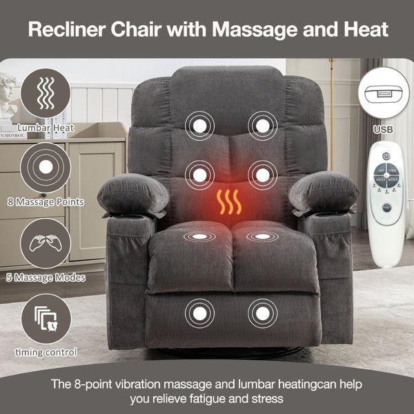 English Elm Massage Rocker Recliner with Heat Vibration Usb Port and Lumbar Support for Living Room W1521S00011