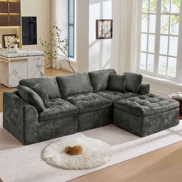 English Elm 110" Chenille Cloud Sectional Modular Sofa with Oversized Ottoman for Living Room Grey W1521S00084