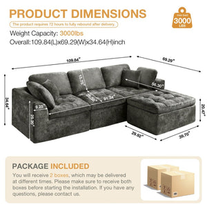 English Elm 110" Chenille Cloud Sectional Modular Sofa with Oversized Ottoman for Living Room Grey W1521S00084