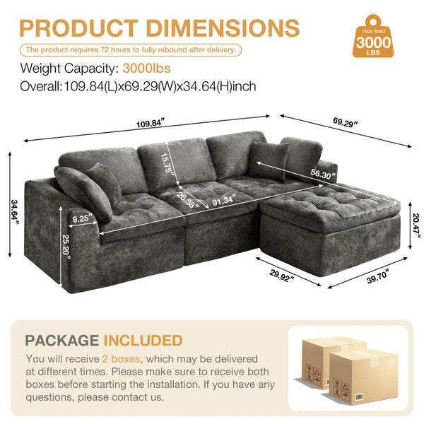 English Elm 110" Chenille Cloud Sectional Modular Sofa with Oversized Ottoman for Living Room Grey W1521S00084