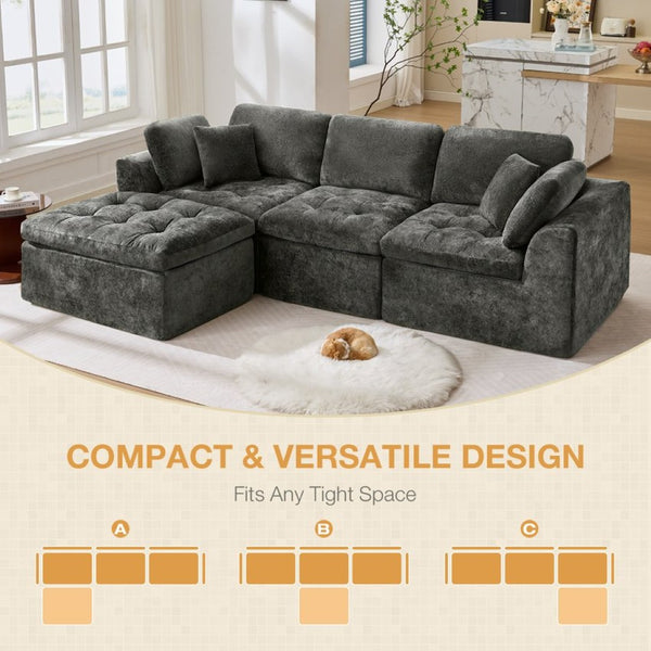 English Elm 110" Chenille Cloud Sectional Modular Sofa with Oversized Ottoman for Living Room Grey W1521S00084