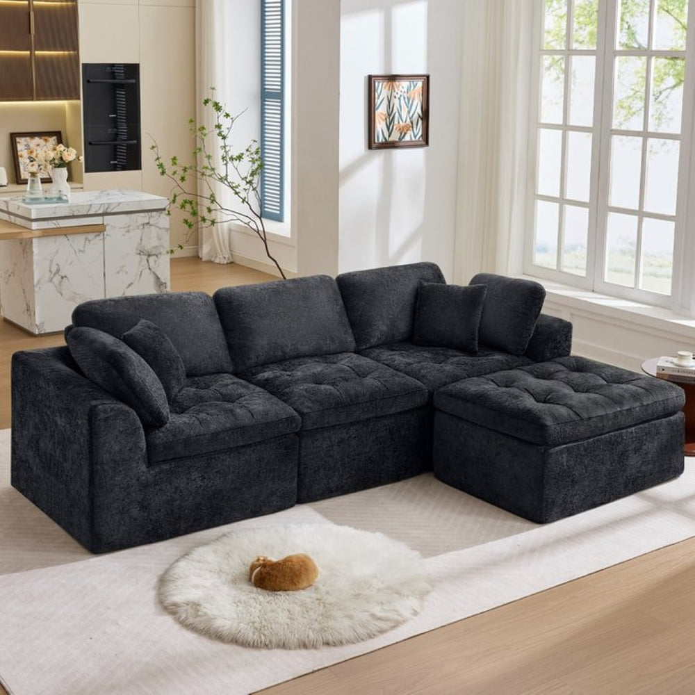 English Elm 110" Chenille Cloud Sectional Modular Sofa with Oversized Ottoman for Living Room Black W1521S00086