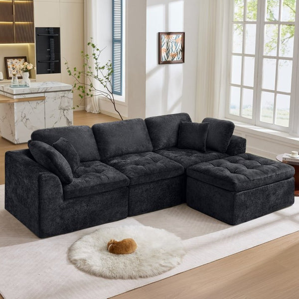 English Elm 110" Chenille Cloud Sectional Modular Sofa with Oversized Ottoman for Living Room Black W1521S00086