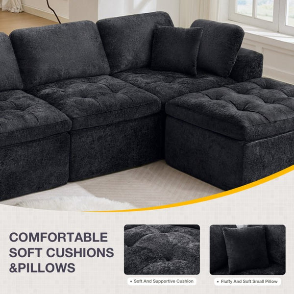 English Elm 110" Chenille Cloud Sectional Modular Sofa with Oversized Ottoman for Living Room Black W1521S00086