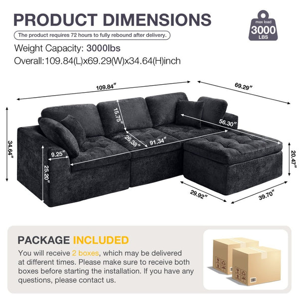 English Elm 110" Chenille Cloud Sectional Modular Sofa with Oversized Ottoman for Living Room Black W1521S00086