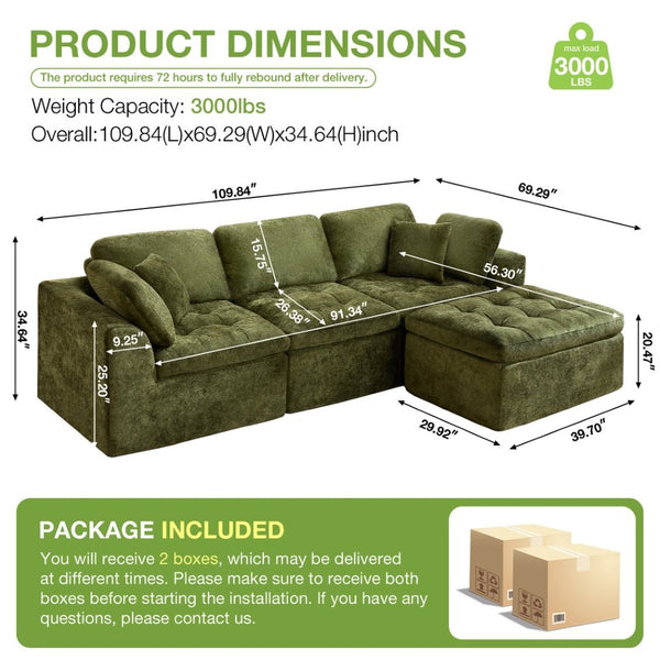 English Elm 110" Chenille Cloud Sectional Modular Sofa with Oversized Ottoman for Living Room Green W1521S00088