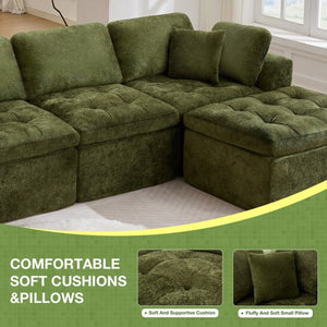 English Elm 110" Chenille Cloud Sectional Modular Sofa with Oversized Ottoman for Living Room Green W1521S00088