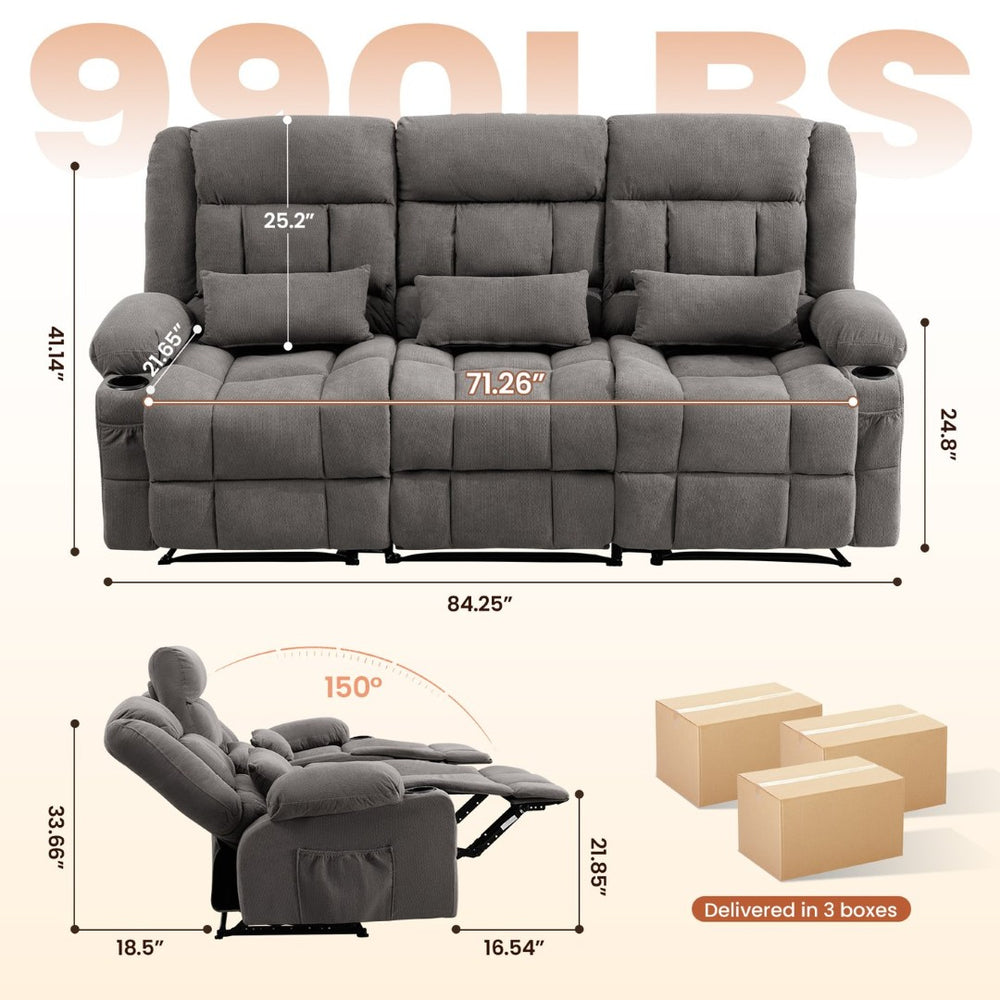 English Elm 84" Three Seat Manual Reclining Sofa with Cup Holders Breathable Fabric Home Theater W1521S00092