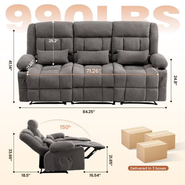 English Elm 84" Three Seat Manual Reclining Sofa with Cup Holders Breathable Fabric Home Theater W1521S00092