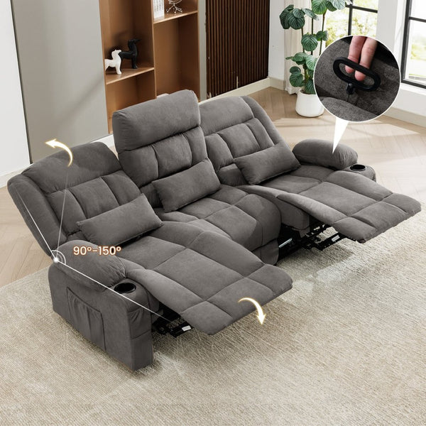 English Elm 84" Three Seat Manual Reclining Sofa with Cup Holders Breathable Fabric Home Theater W1521S00092